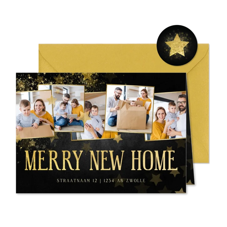Fotocollage kerst-verhuiskaart met krijtbord en sterren