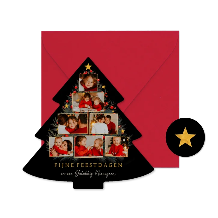 Fotocollage kerstboomvorm met takjes en sterren