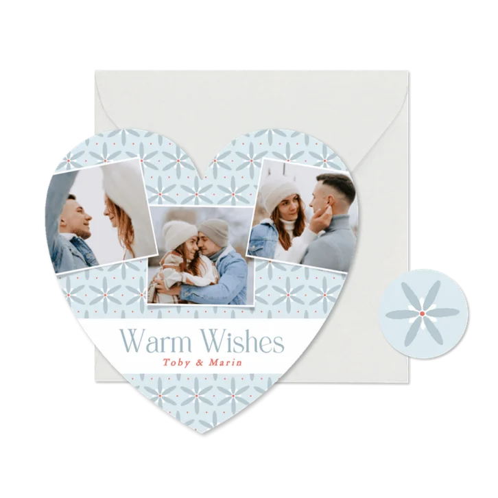 Fotocollage kerstkaart hartje met blauwe bloemen