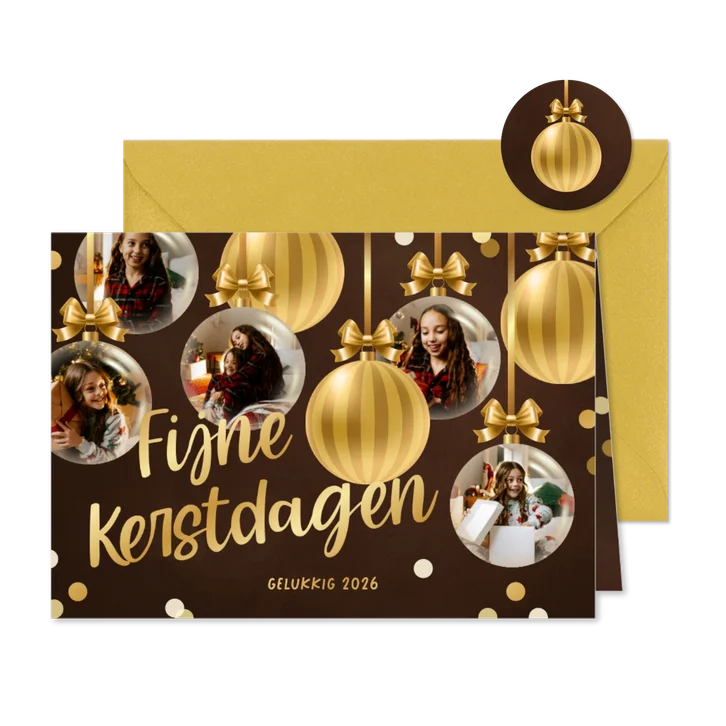 Fotocollage kerstkaart met gouden kerstballen en confetti