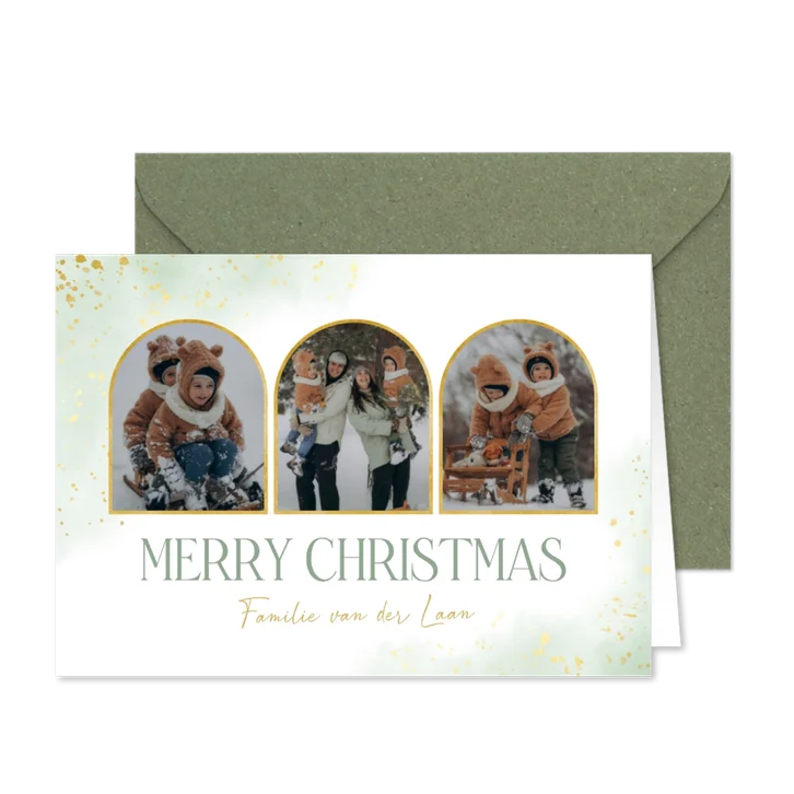 Fotocollage kerstkaartje met lichtgroene waterverf en goud