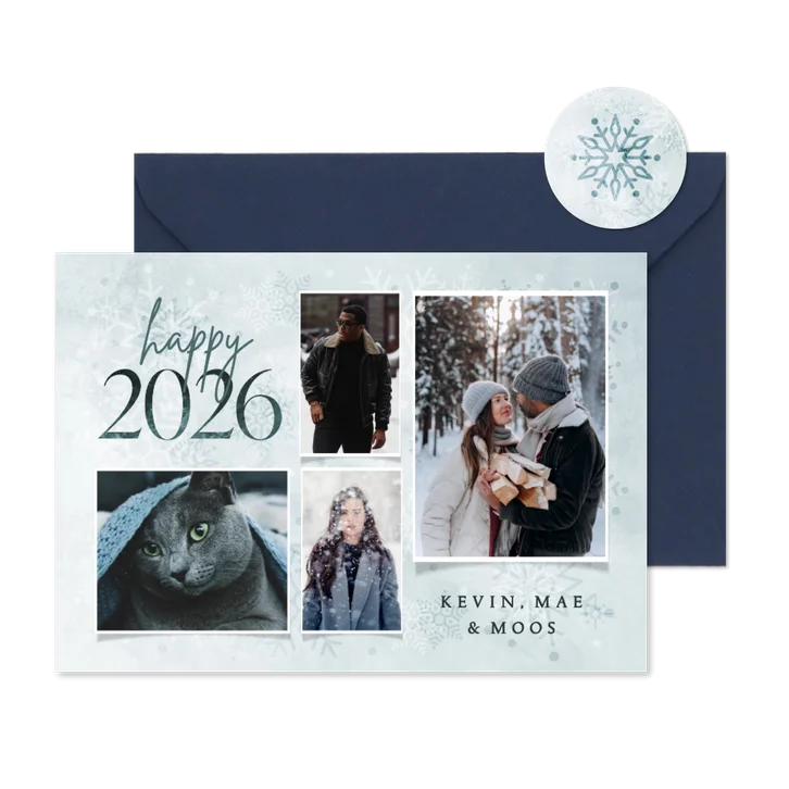 Fotocollage nieuwjaarskaart happy 2026 met sneeuwvlokken