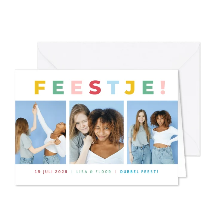 Fotocollage uitnodiging feestje met regenboog typografie