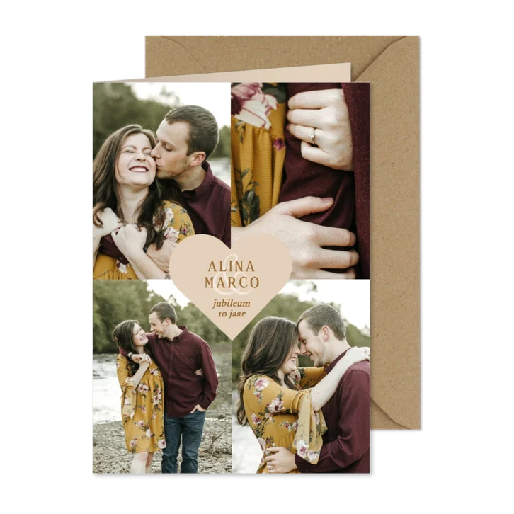 Fotocollage uitnodiging jubileum met beige hartje