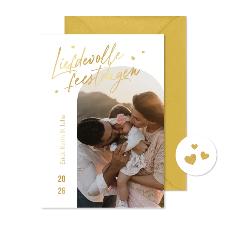 Fotokaart kerst liefdevolle feestdagen hartjes goud foto