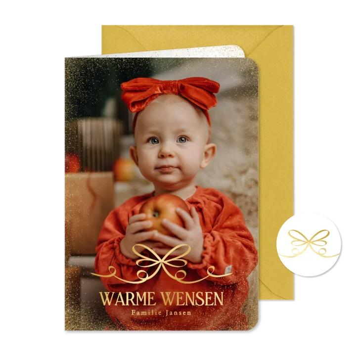 Fotokaart kerst met grote gouden strik