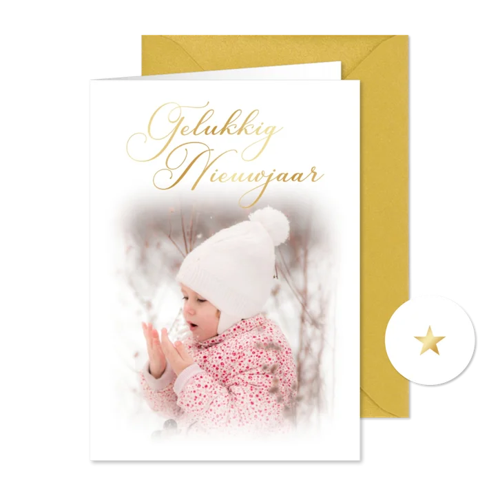 Fotokaartje gelukkig nieuwjaar met vintage tekst goudfolie