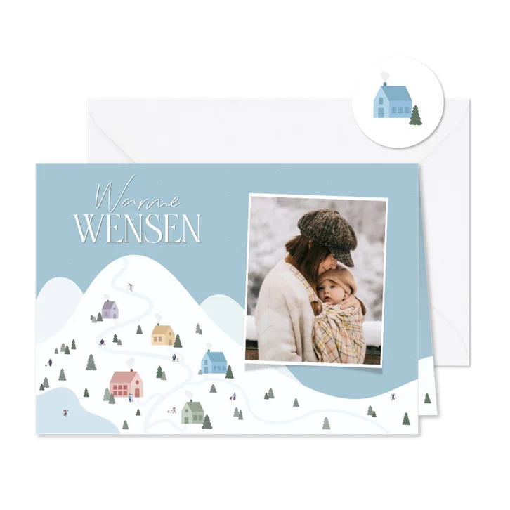 Fotokaartje kerst blauw met winter landschap met huisjes