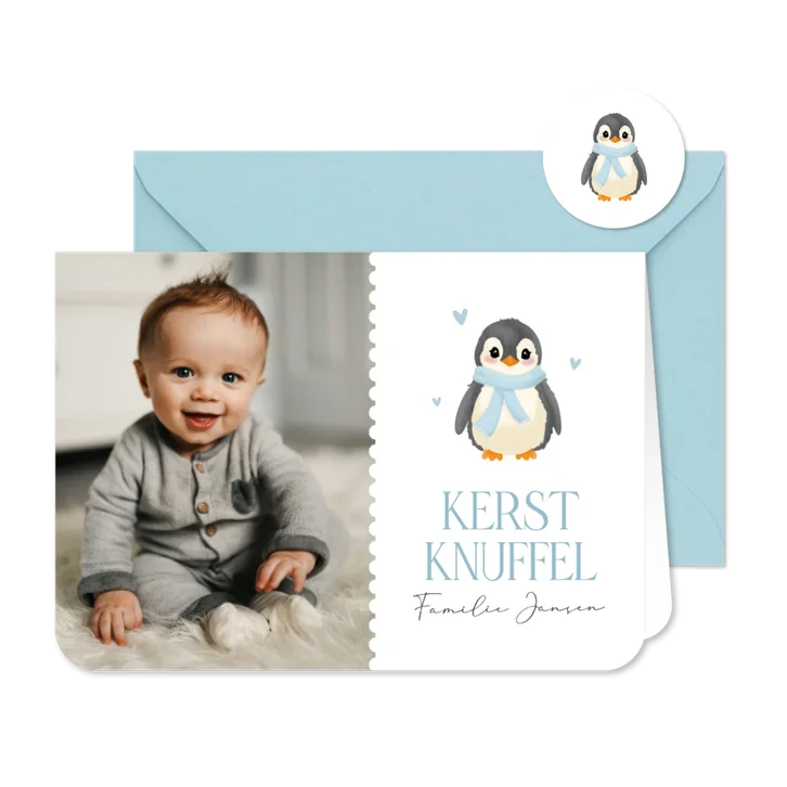 Fotokaartje kerst met schattige baby pinguïn hartje