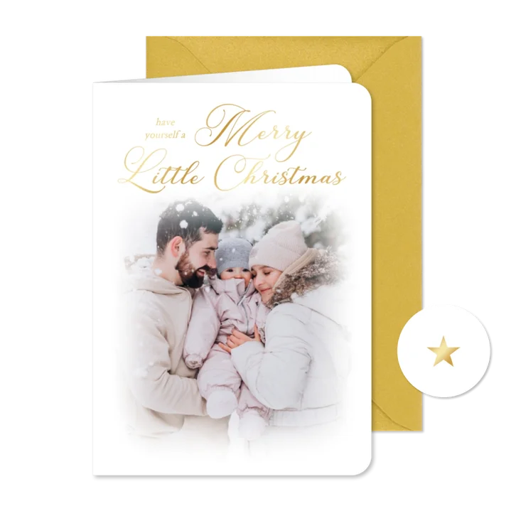 Fotokaartje kerst vintage merry little christmas goudfolie