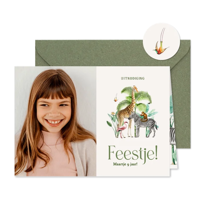 Fotokaartje kinderfeestje uitnodiging met jungle dieren
