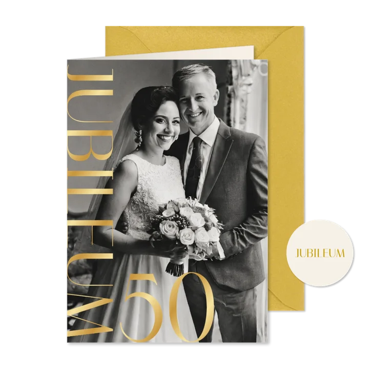 Fotokaartje voor huwelijksjubileum met goudfolie 50