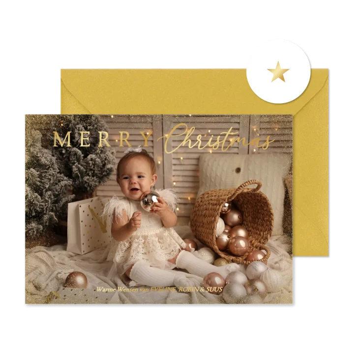 Fotokaartje voor kerst met goudfolie merry christmas