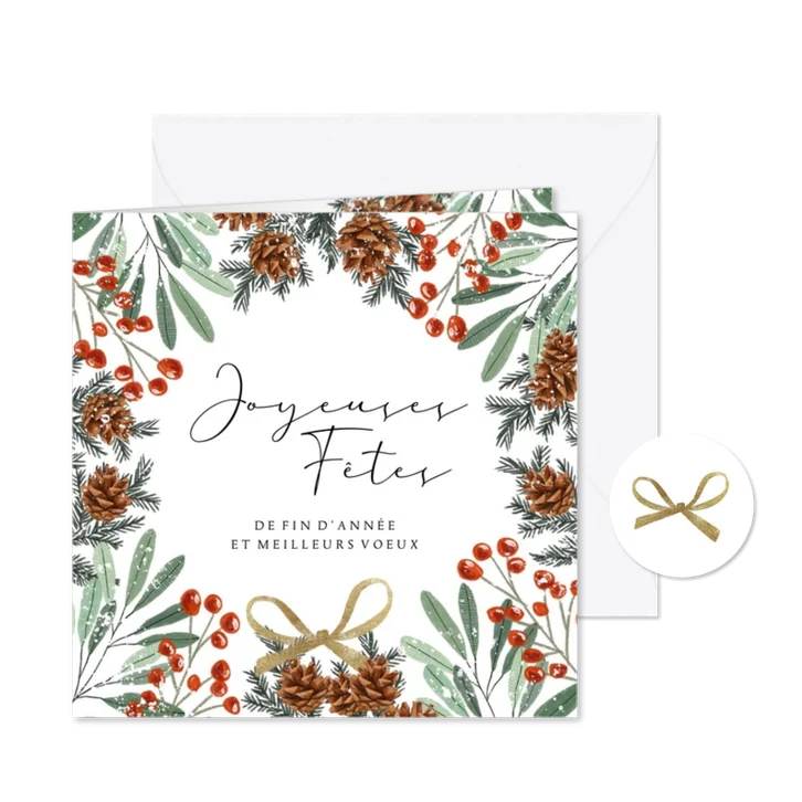 Franse nieuwjaarskaart botanische takken dennenappel strik 