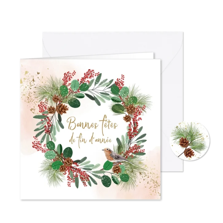 Franse nieuwjaarskaart dennentak vogel waterverf goudlook