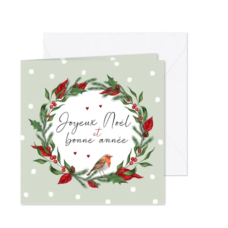 Franse stijlvolle kerstkaart met roodborstje en kerstkrans