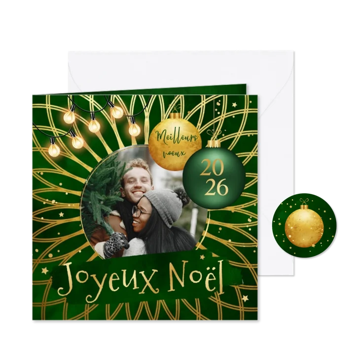 Franstalige kerstkaart groen kerstballen foto ster