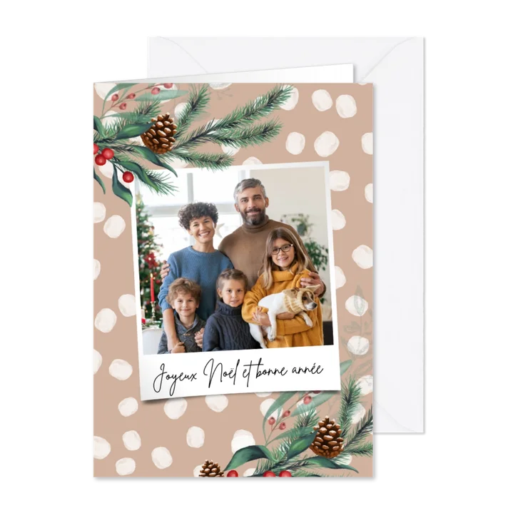 Franstalige kerstkaart met eigen foto en kersttakken