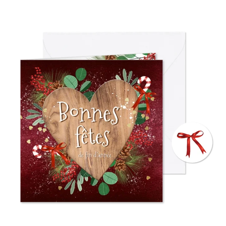 Franstalige nieuwjaarskaart houten hart op velvet rood