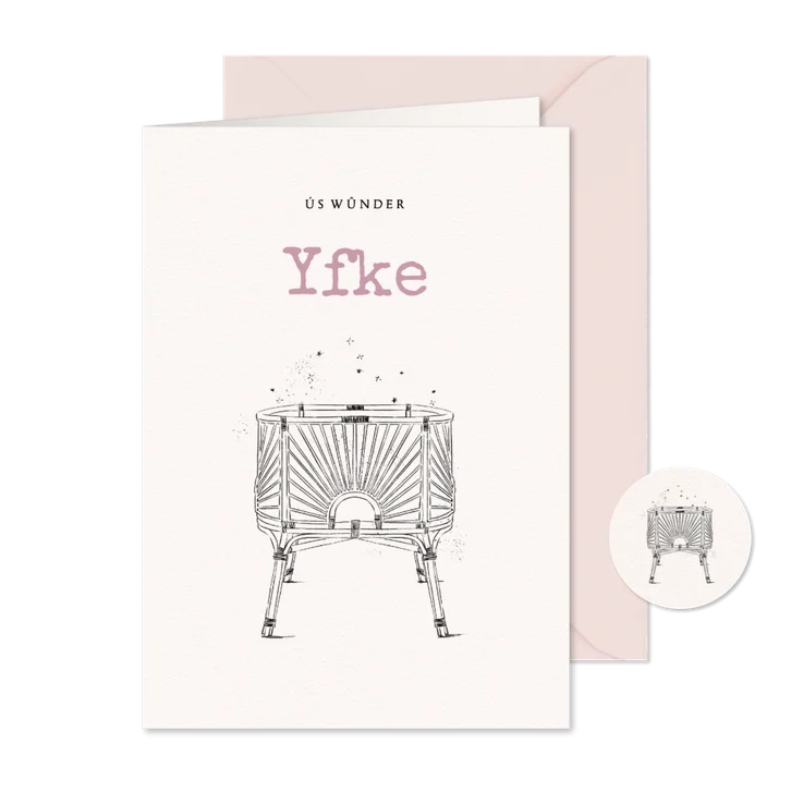 Fries geboortekaartje met rotan wiegje en sterretjes