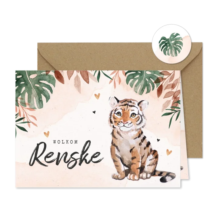 Fries geboortekaartje tijger jungle waterverf meisje