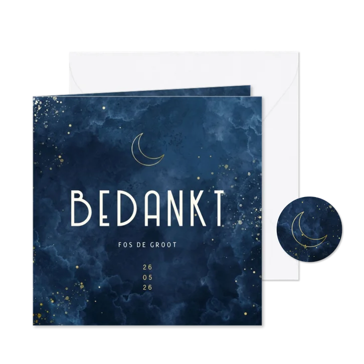 Geboorte bedankkaartje waterverf wolkjes met gouden maan 