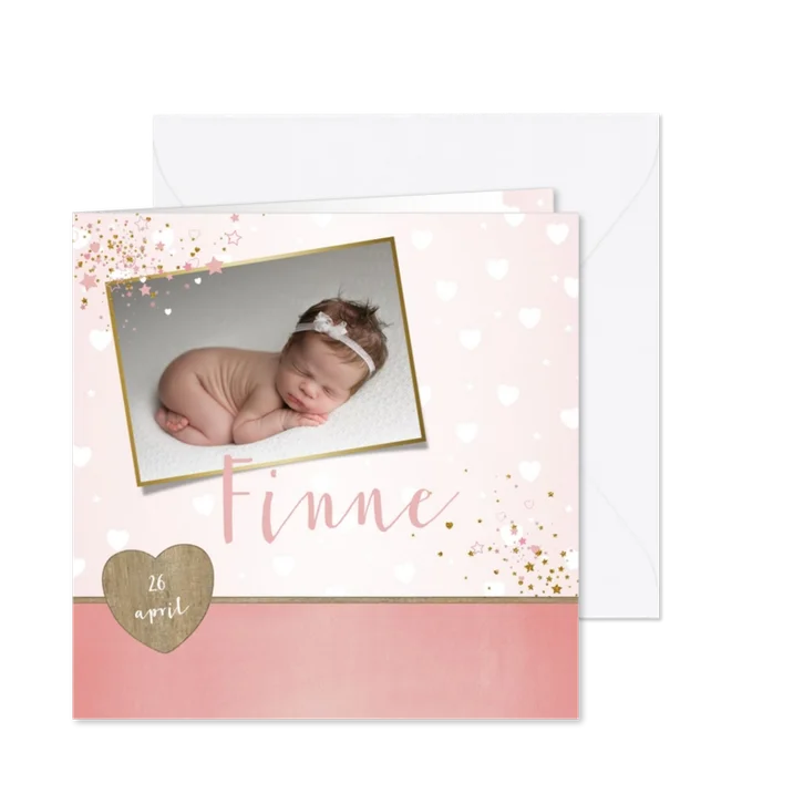 Geboorte lief en hip, roze kaartje met foto en hartjes