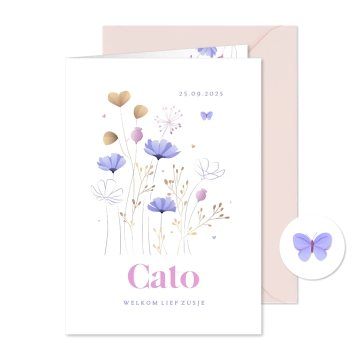 Geboorte meisje illustratie wilde heidebloemen met vlinder