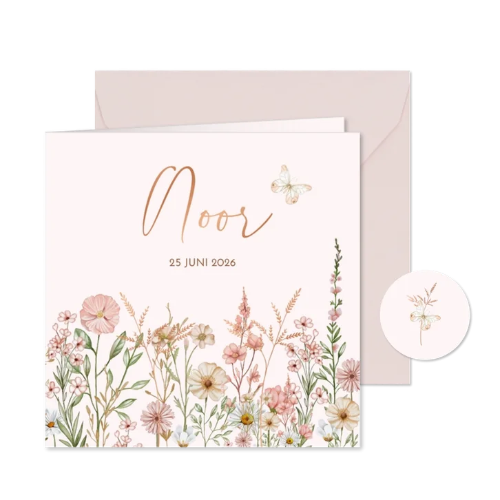 Geboorte meisje met bloemen in pastel met vlindertje