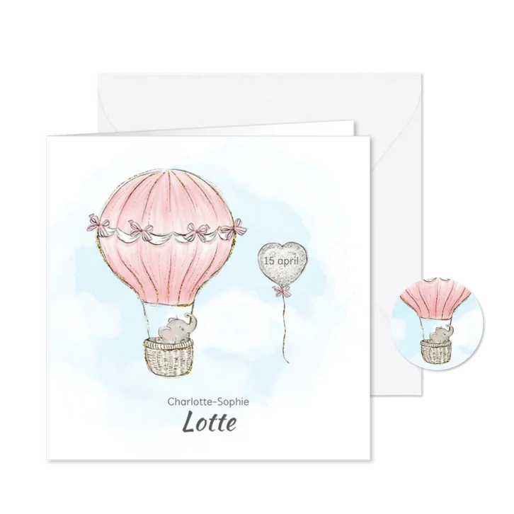 Geboortekaart adoptie meisje - luchtballon