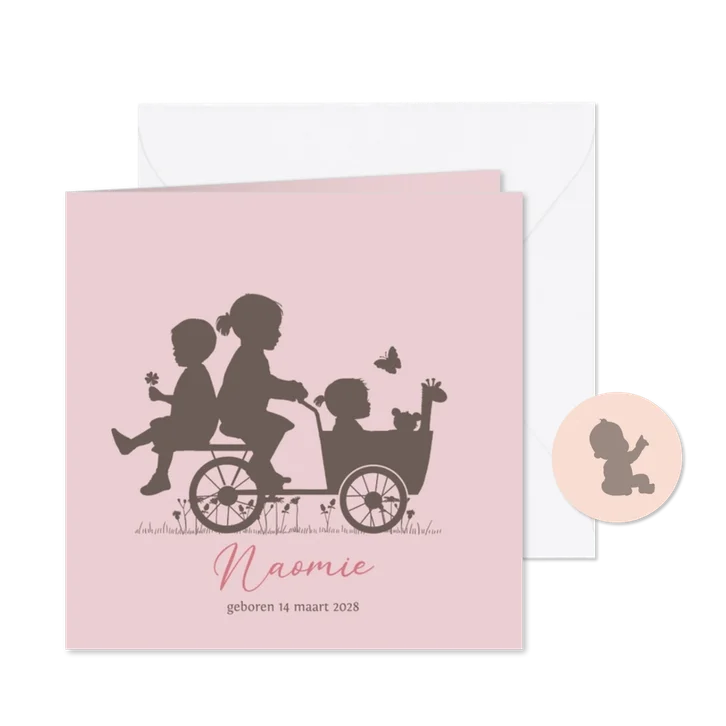 Geboortekaart bakfiets baby meisje met grote zus en broer