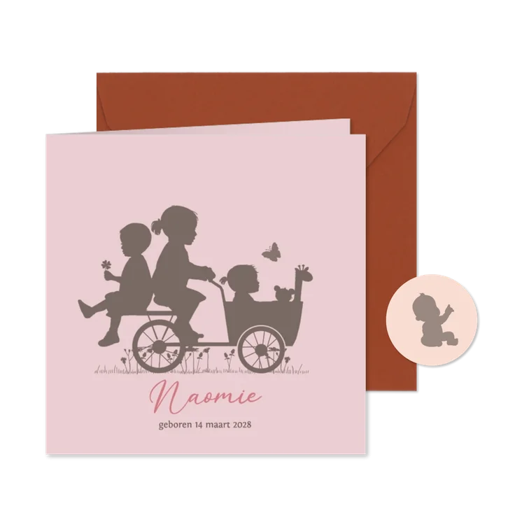 Geboortekaart bakfiets baby meisje met grote zus en broer