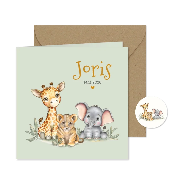 Geboortekaart giraf leeuw olifant groene achtergrond