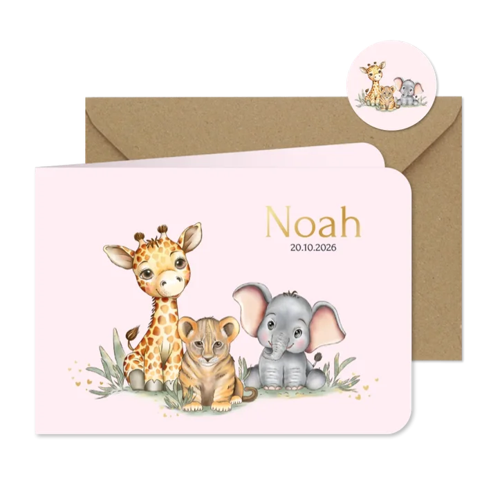 Geboortekaart girafje olifantje en leeuwtje