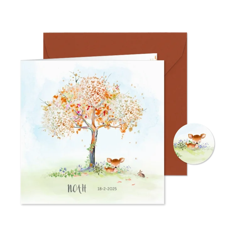Geboortekaart hertje boom herfst