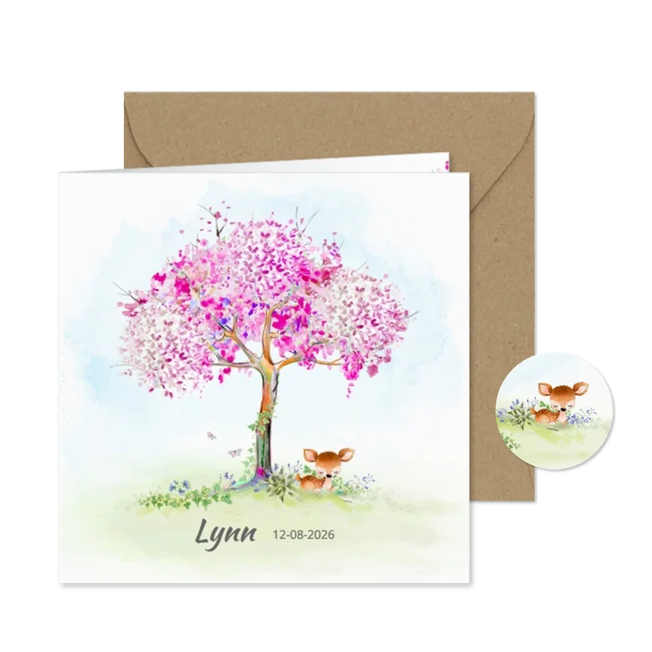 Geboortekaart hertje met boom-meisje