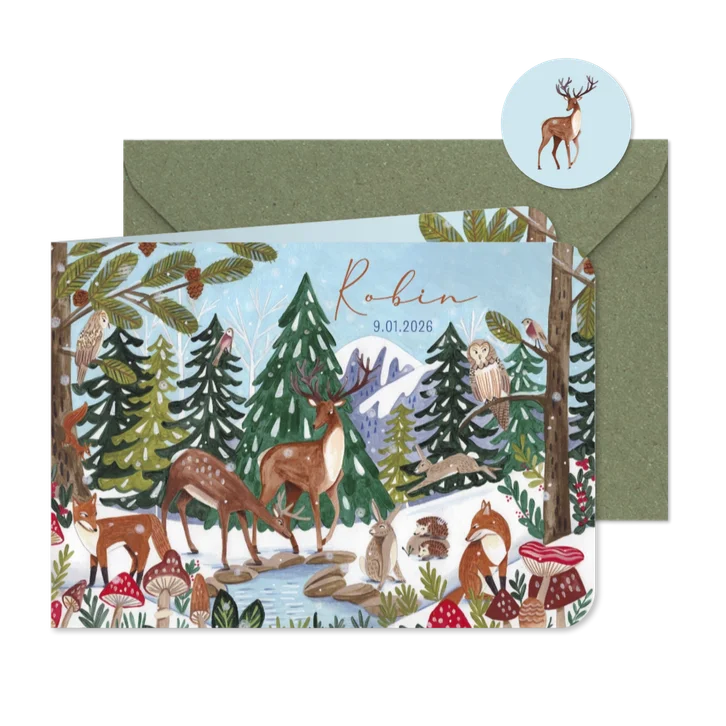 Geboortekaart hertjes en vosje in winter landschap