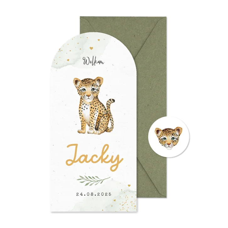 Geboortekaart hoge boogkaart jungle panter dieren waterverf