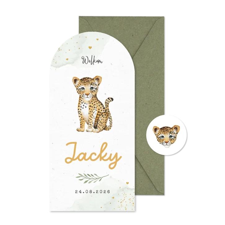 Geboortekaart hoge boogkaart jungle panter dieren waterverf