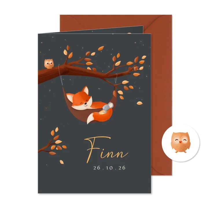 Geboortekaart jongen bosdieren vosje in hangmat in boom