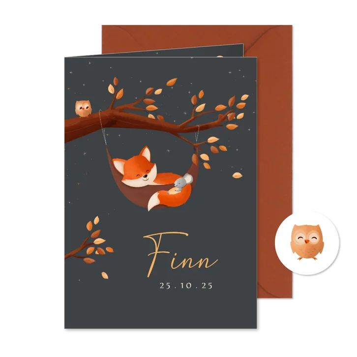 Geboortekaart jongen bosdieren vosje in hangmat in boom