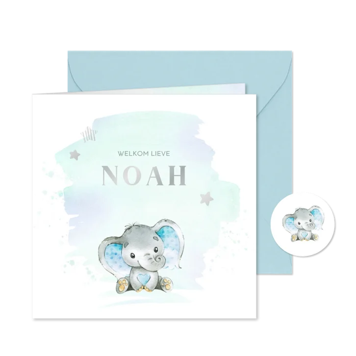 Geboortekaart jongen olifantje waterverf
