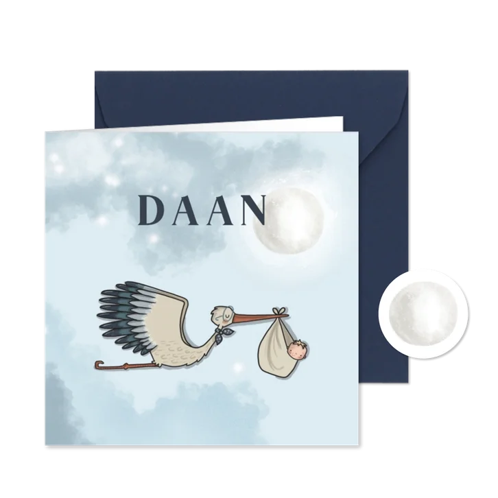 Geboortekaart jongen ooievaar bij maan
