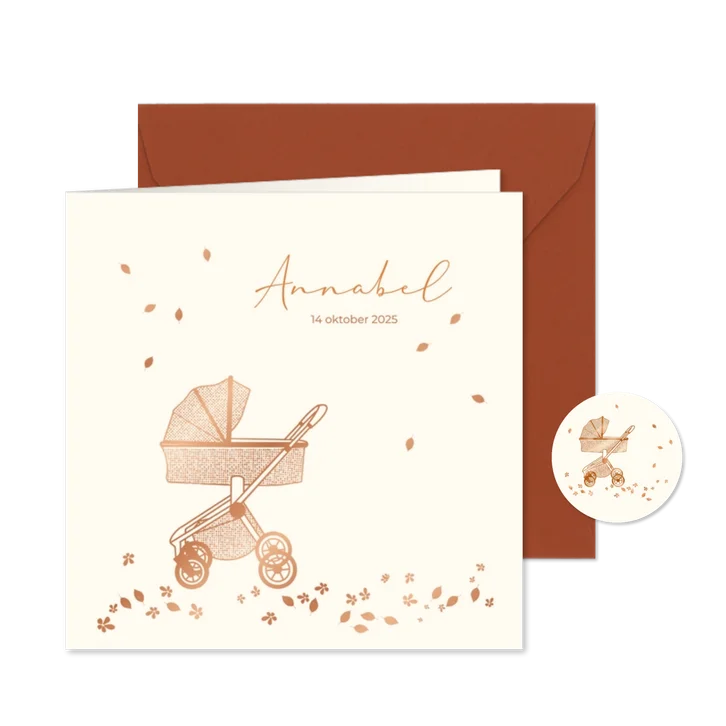Geboortekaart kinderwagen met bloemetjes en blaadjes