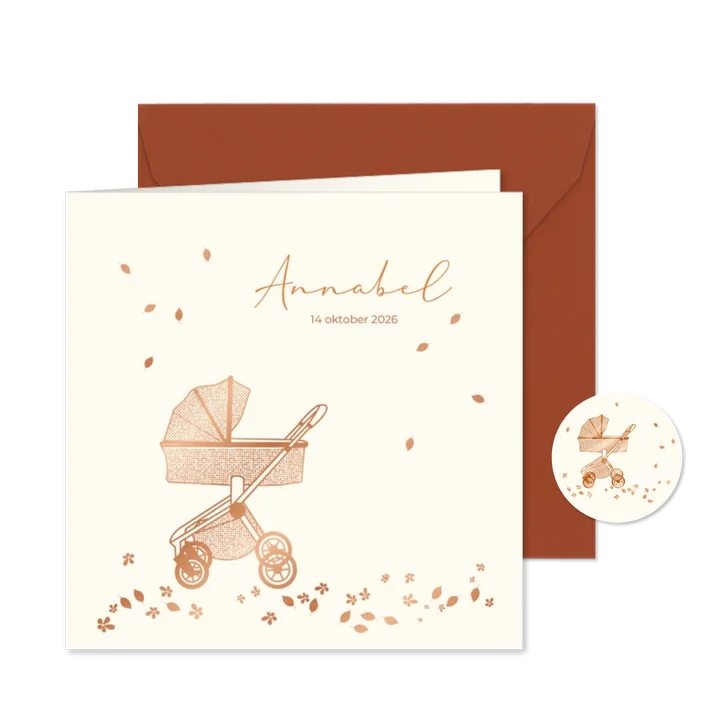 Geboortekaart kinderwagen met bloemetjes en blaadjes