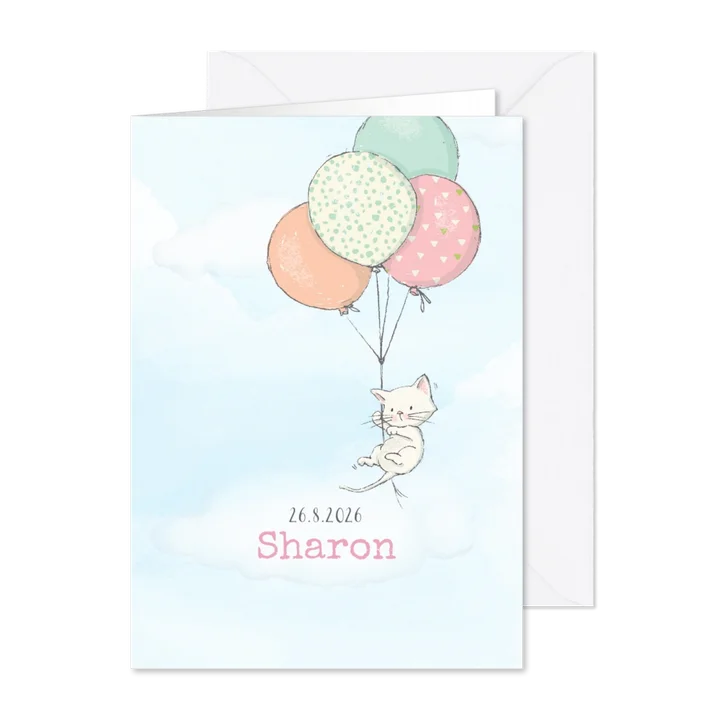 Geboortekaart meisje, kitten en ballonnen