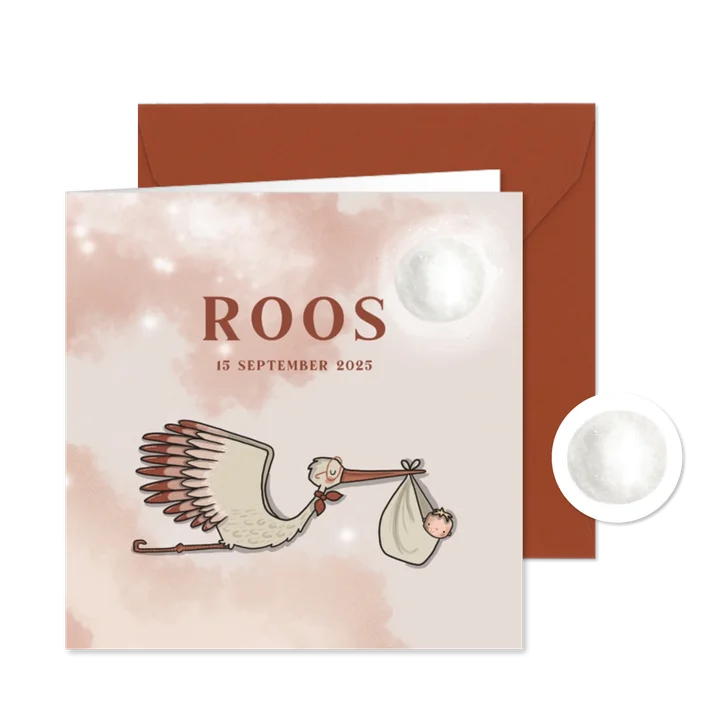 Geboortekaart meisje ooievaar bij maan