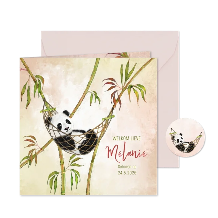 Geboortekaart meisje pandabeer in hangmat