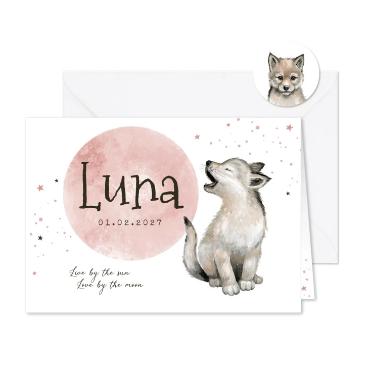 Geboortekaart meisje wolf sterretjes maan waterverf