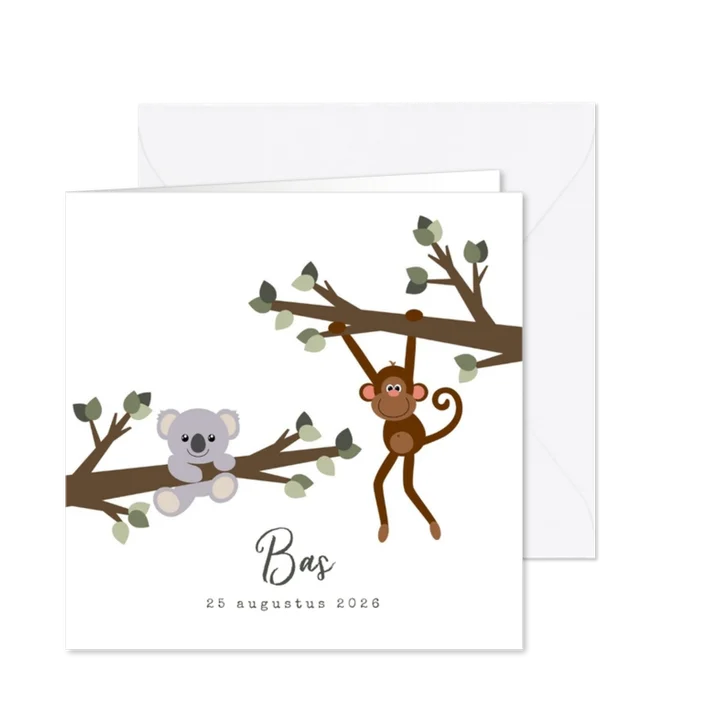 Geboortekaart met een lief ontwerp van een aapje en koala